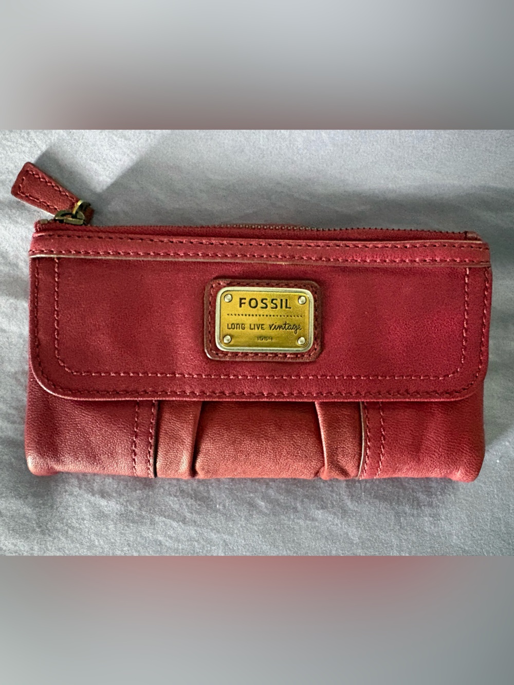 Fossil Red Wristlet Clutch with Brass Logo Plate